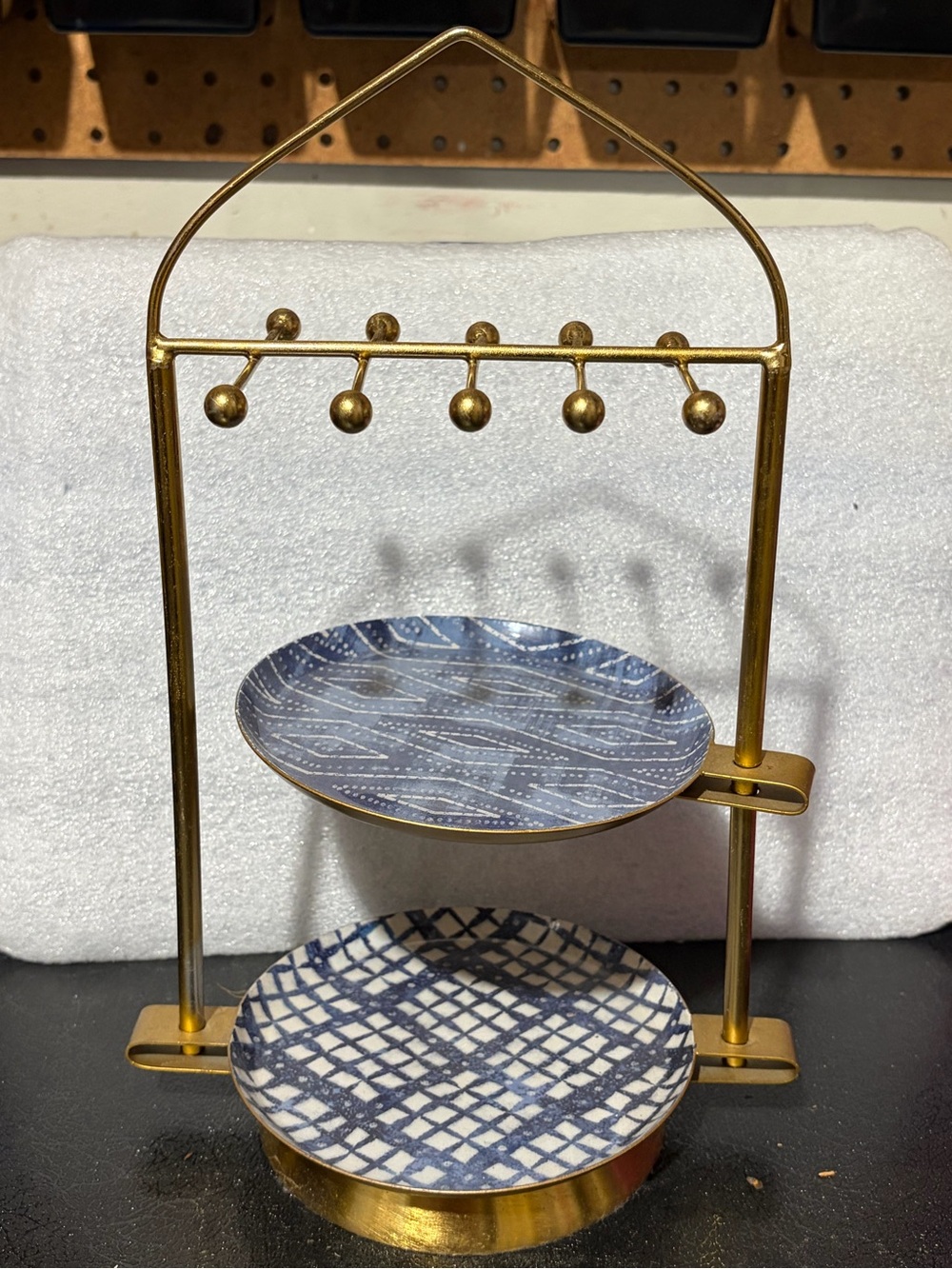 Gold Two-Tier Blue Patterned Ceramic jewelry Stand